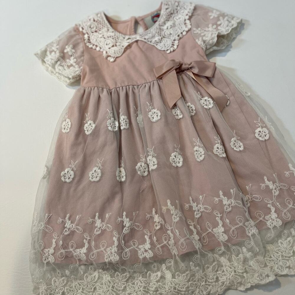 Baby Balooga, Baby Girl Pink and cream Lace Dress, Size 12-18 Month.
